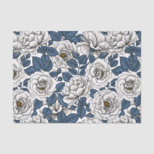 Papel De Seda Rosas blancas con hojas azules en blanco