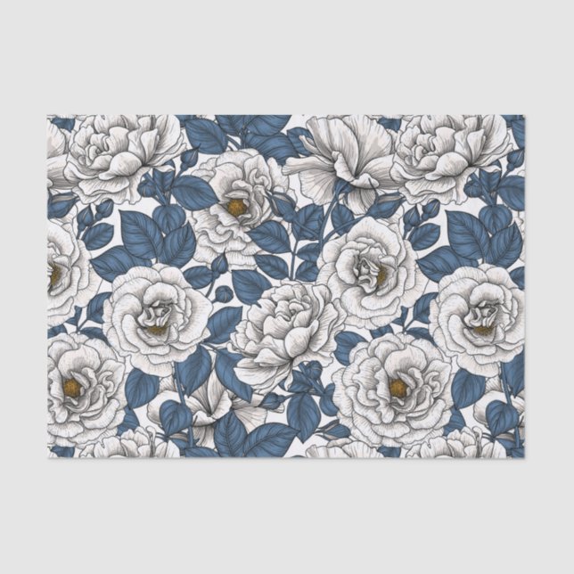 Papel De Seda Rosas blancas con hojas azules en blanco (Anverso)