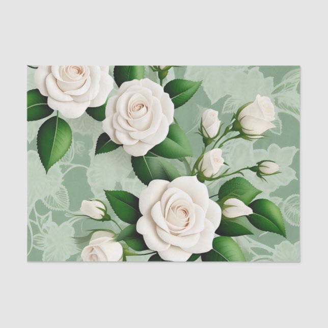 Papel De Seda Rosas Blancas Elegantes En Verde (Anverso)