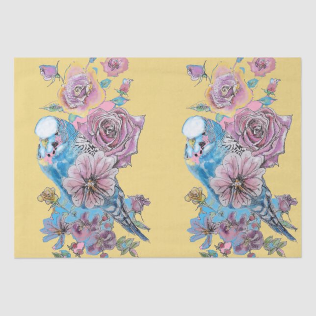 Papel De Seda Rosas Blue Budgie Patrón Floral Amarillo (Anverso)