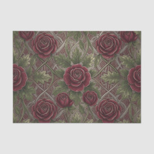 Papel De Seda Rosas Borgoña Rojas Profundas Celosía Ornata Verde
