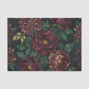 Papel De Seda Rosas Burgundy de Lujo con Hojas de Oro Floral