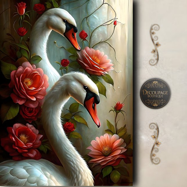 Papel De Seda Rosas Cisne Romántico Decoupage (Romantic Swan Roses Decoupage Tissue Paper)
