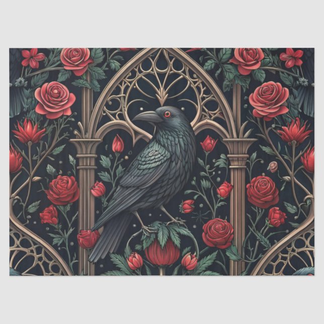 Papel De Seda Rosas Cuervo Góticas Patrón Ornamentado (Anverso)