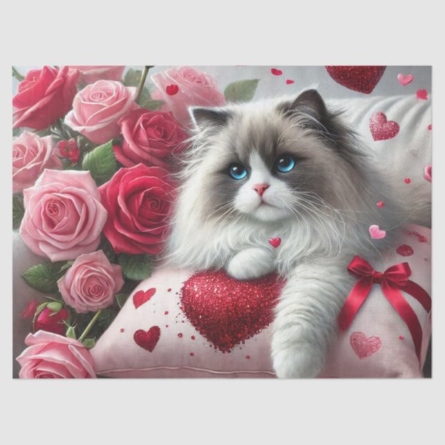 Papel De Seda Rosas de amor y gatos de Ragdoll (Anverso)