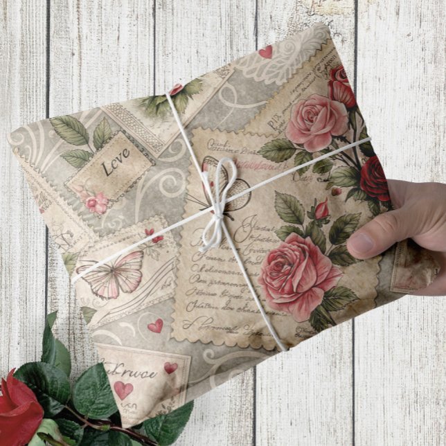 Papel De Seda Rosas de cosecha romántica Cartas de desalojo de m (pink vintage roses and butterflies tissue wrapping paper)