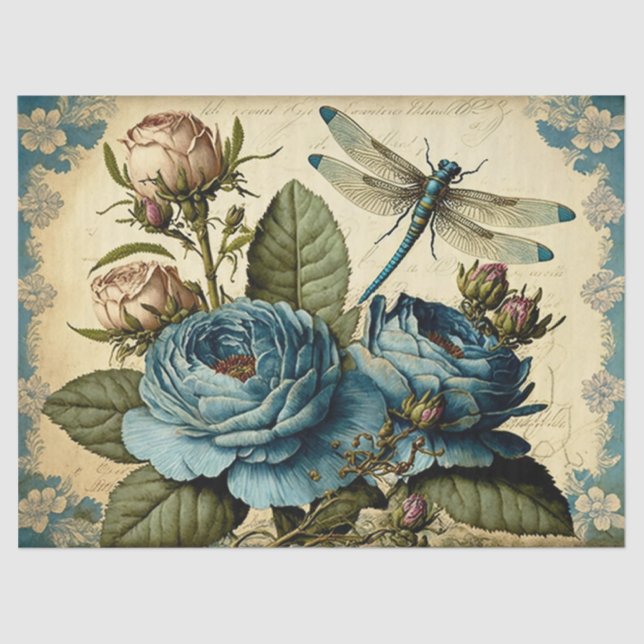 Papel De Seda Rosas de cosecha y desconexión de la libélula (Anverso)