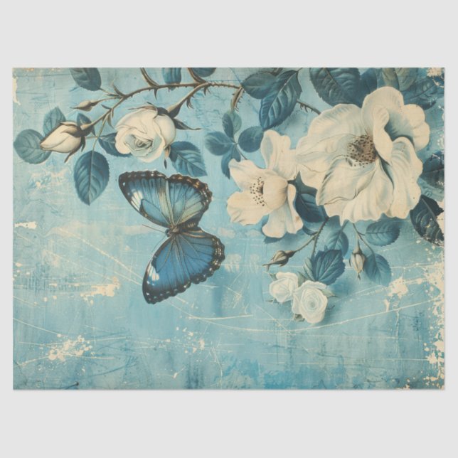 Papel De Seda Rosas de mariposa azul chic y rubor Shabby (Anverso)