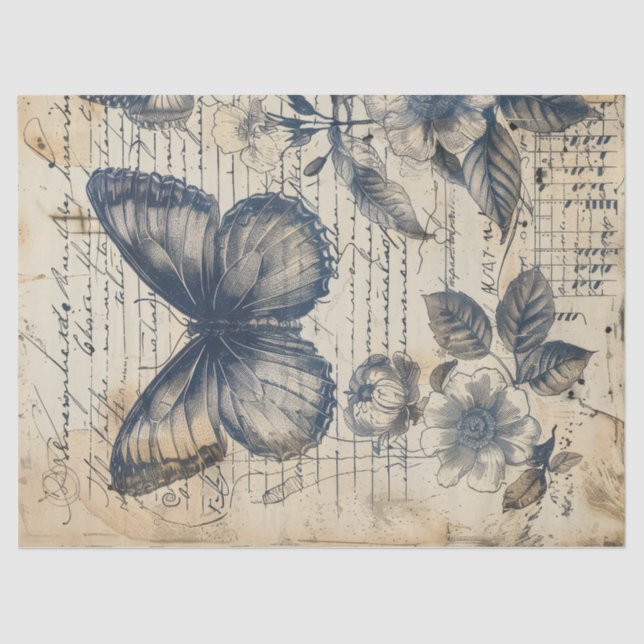Papel De Seda Rosas de mariposas de tinta monocroma de época (Anverso)