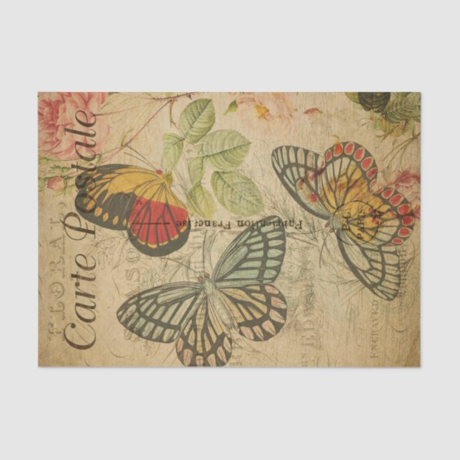 Papel De Seda Rosas de mariposas encantadores Decoupage francesa (Anverso)