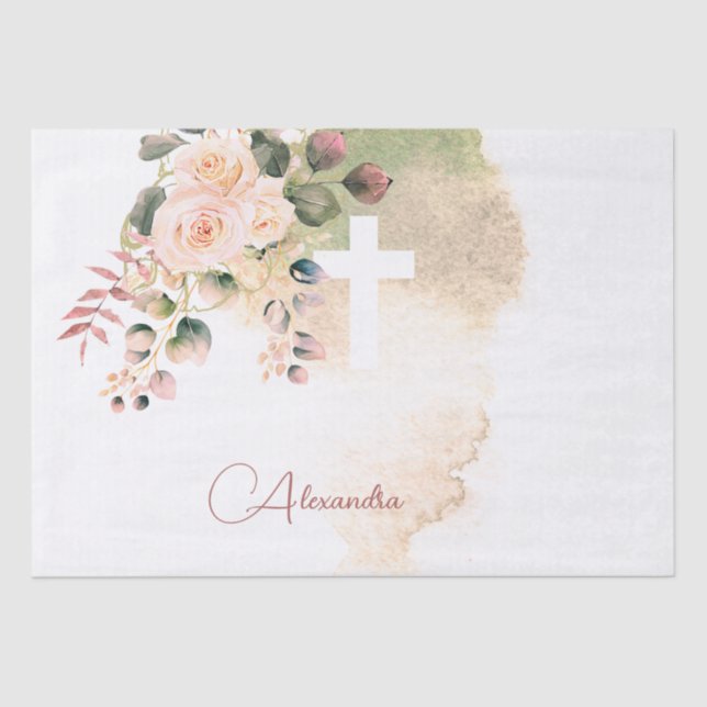 Papel De Seda Rosas elegantes religiosos cruzan el rosa personal (Anverso)