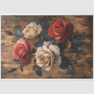 Papel De Seda Rosas en rojo y rosa melocotón decoupage de madera