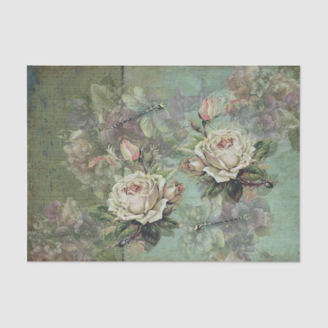 Papel De Seda Rosas etéreos de crema, pansies morados e insectos (Anverso)