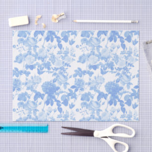 Papel De Seda Rosas Florales Blancas Azules Patrón Chinoiserie F