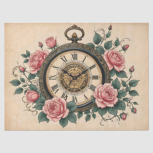 Papel De Seda Rosas francesas románticas vintage, reloj y filigr
