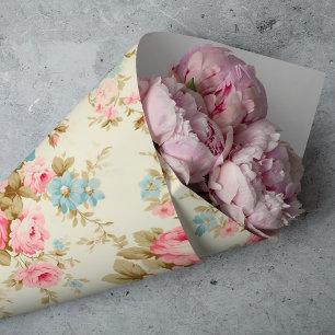 Papel De Seda Rosas inglesas románticas rosadas sobre amarillo p