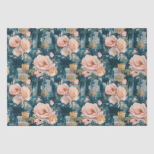 Papel De Seda Rosas Melocotón Rosado Floral Maximalista Teal