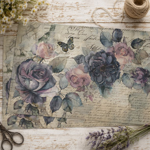 Papel De Seda Rosas púrpura y rosadas vintage sobre decoupage de