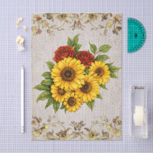 Papel De Seda Rosas Rojas Girasoles Marfil Fondo Chic Desgastado