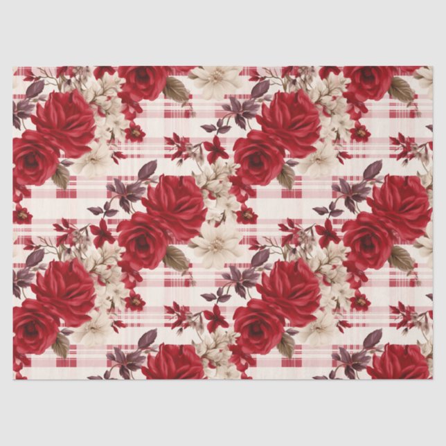 Papel De Seda Rosas rojas plagadas de flores blancas (Anverso)