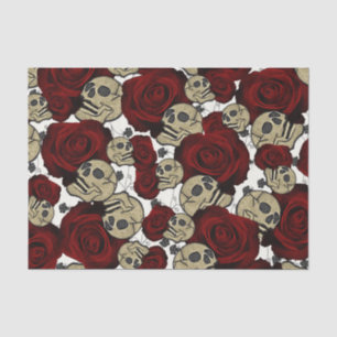 Papel De Seda Rosas Rojas y Calaveras Floral Negro Gótico Blanco