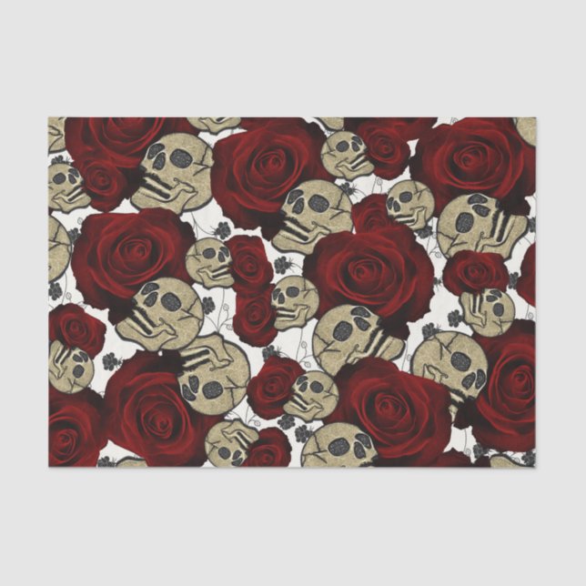 Papel De Seda Rosas Rojas y Calaveras Floral Negro Gótico Blanco (Anverso)