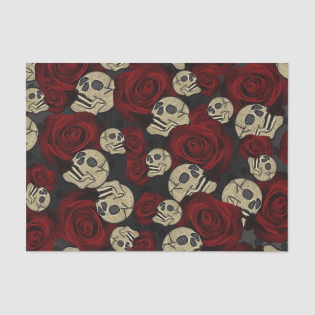 Papel De Seda Rosas Rojas y Cráneos Gris Negro Floral Gótico (Anverso)