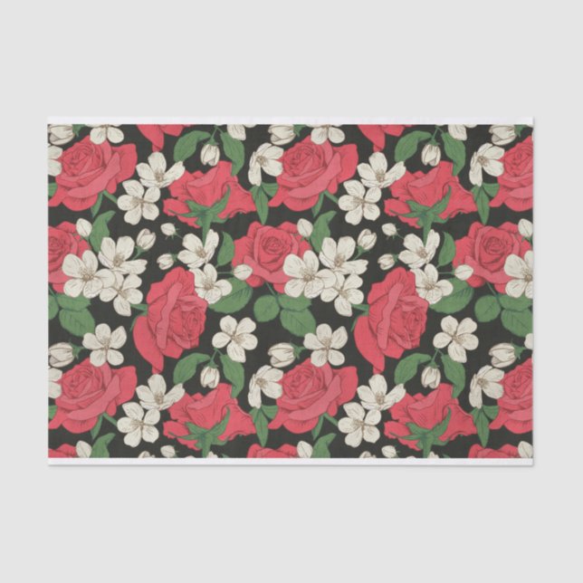 Papel De Seda Rosas rojas y Ilustraciones de flores blancas (Anverso)