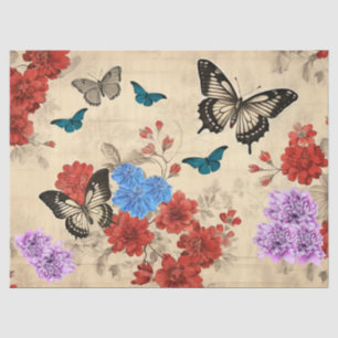 Papel De Seda Rosas rojas y mariposas inspiradas en la cosecha