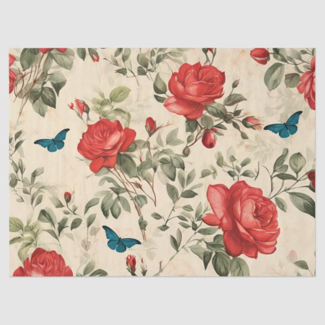 Papel De Seda Rosas rojas y mariposas inspiradas en la cosecha (Anverso)