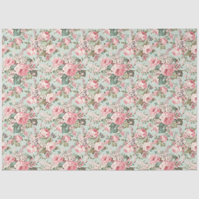 Papel De Seda Rosas Románticas Rosadas sobre Decoupage de Menta (Anverso)