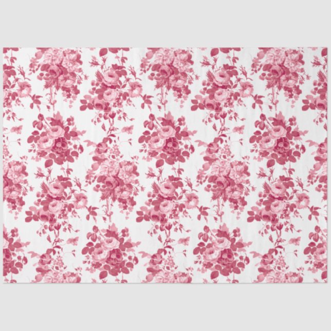 Papel De Seda Rosas románticos de época rosados en blanco (Anverso)