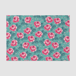 Papel De Seda Rosas rosadas bonitas y patrón de lunares en azul 