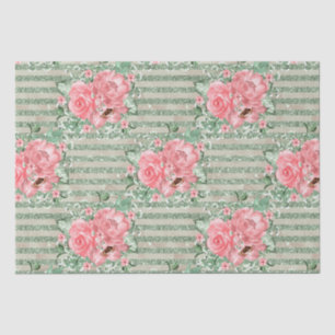 Papel De Seda Rosas rosadas en acuarela sobre rayas de purpurina