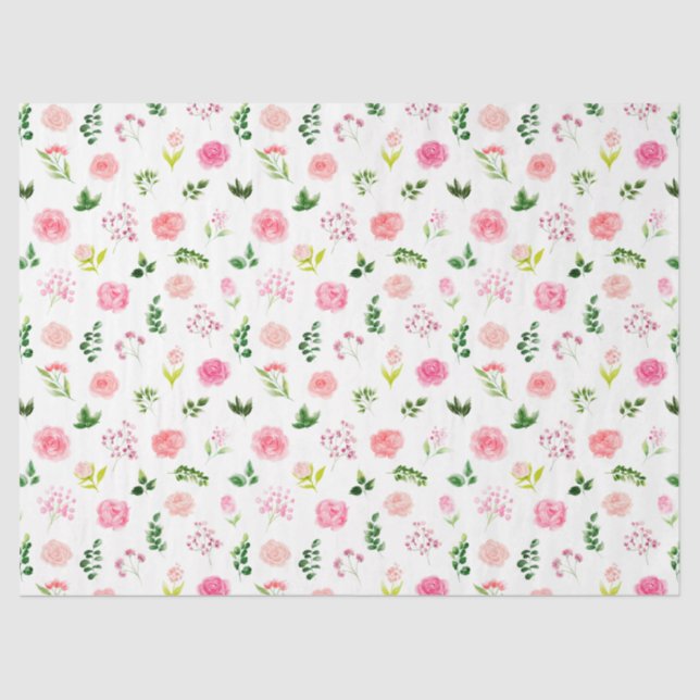 Papel De Seda Rosas rosadas florales con follaje (Anverso)