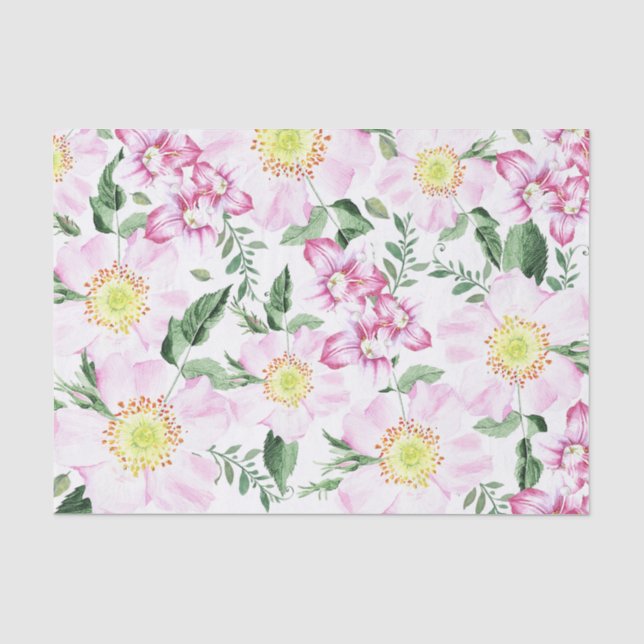 Papel De Seda Rosas Rosadas Patrón Floral Boho Acuarela (Anverso)