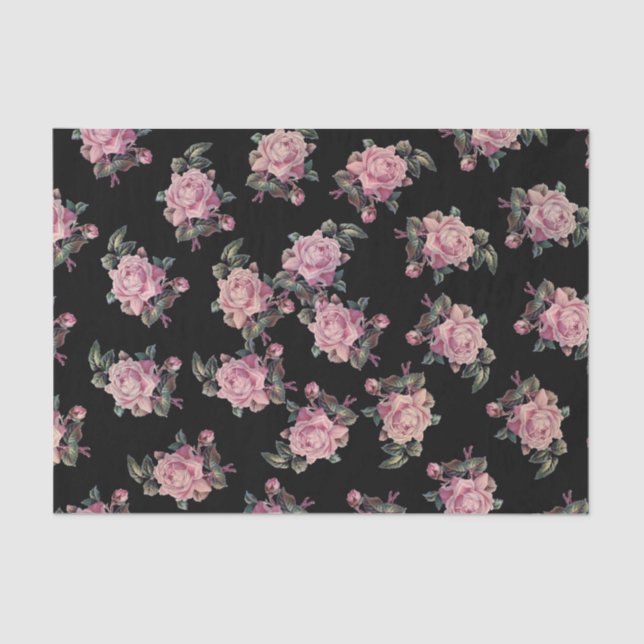 Papel De Seda Rosas rosadas patrón floral oscuro fiesta shabby c (Anverso)