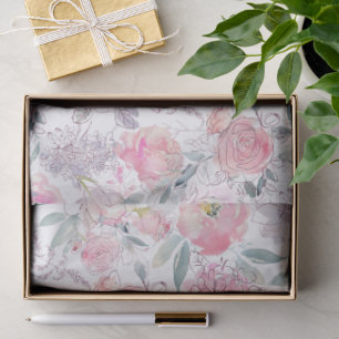 Papel De Seda Rosas rosadas y patrón de acuarela floral mixto