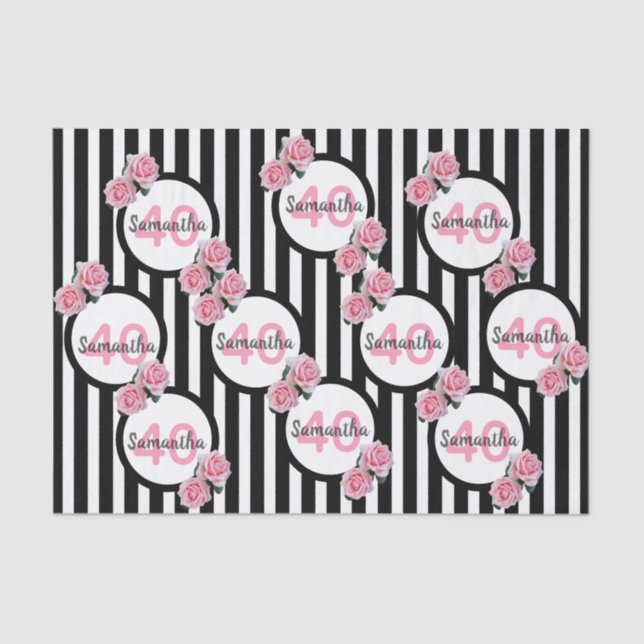 Papel De Seda Rosas rosas rosas negras rayas blancas 40 cumpleañ (Anverso)