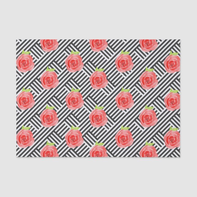 Papel De Seda Rosas sobre rayas blancas y negras (Anverso)