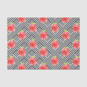 Papel De Seda Rosas sobre rayas negras y blancas