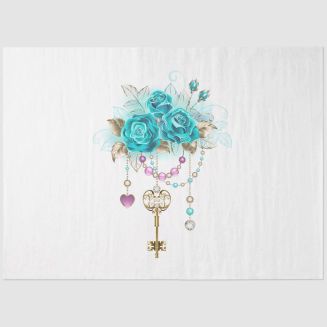 Papel De Seda Rosas turquesas con llaves (Anverso)