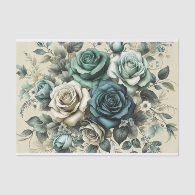 Papel De Seda Rosas verde azuladas y blancas (Anverso)
