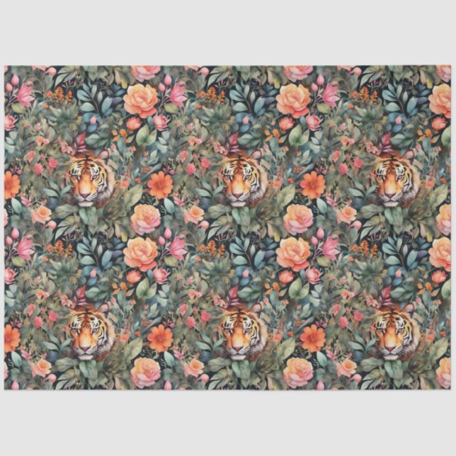 Papel De Seda Rosas vibrantes y jungla de tigres (Anverso)
