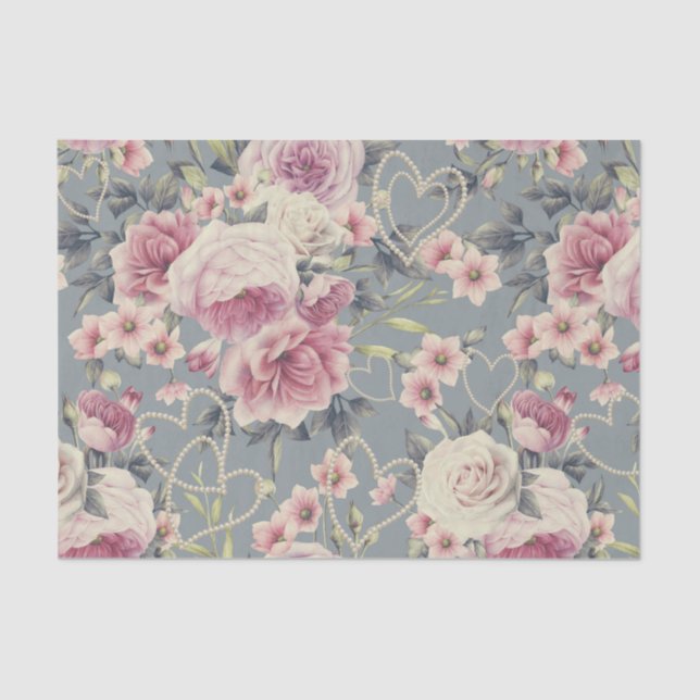 Papel De Seda Rosas y corazones rosados bonitos de la perla (Anverso)