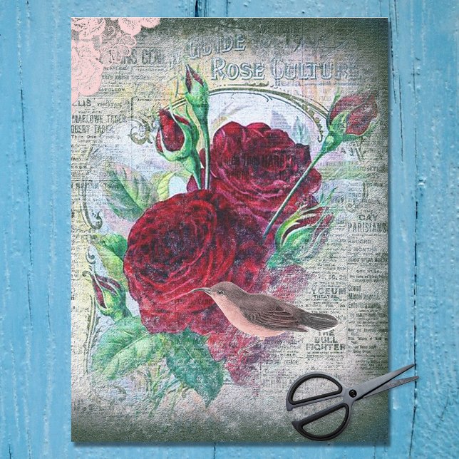 Papel De Seda Roses Rojas Florales Finch Bird Ephemera Decoupage (Subido por el creador)