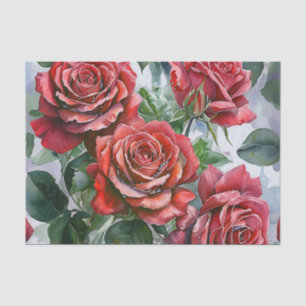 Papel De Seda Roses rojos acuarelas con hojas verdes