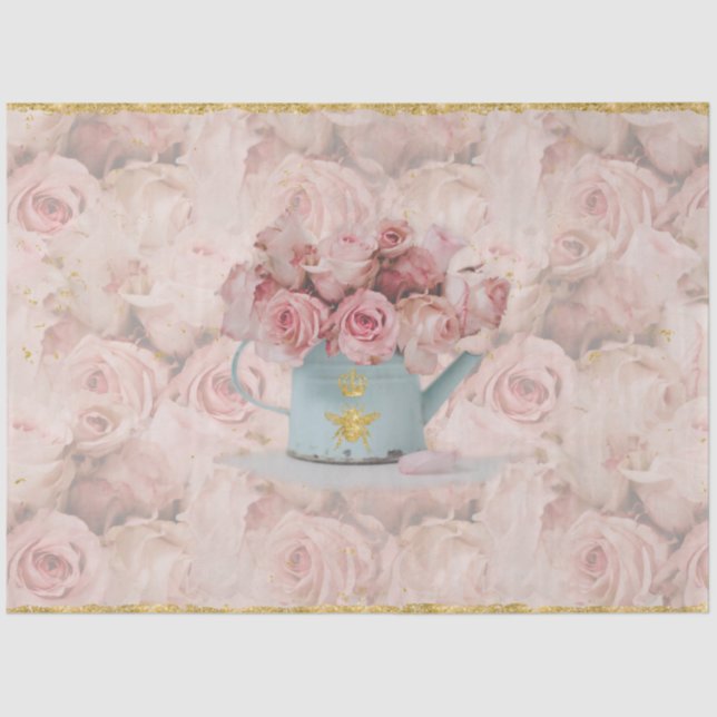 Papel De Seda Roses rosados Bouquet Gold Bee Crown Blue Decore (Anverso)