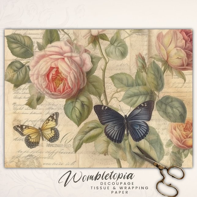 Papel De Seda Roses rosas antiguas rosas con mariposas desfigura (Subido por el creador)