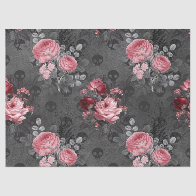 Papel De Seda Roses rosas y cráneos rosas en la página gris (Anverso)